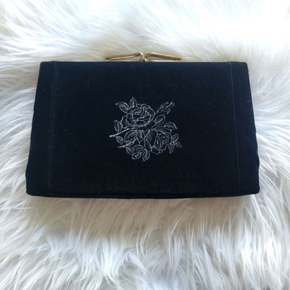 Elegant Black Clutch with Gold Clasp and Silver Roses Print